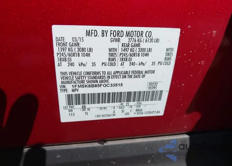 2015 Ford Explorer from USA, damaged, VIN 1FM5K8B85FGC33515